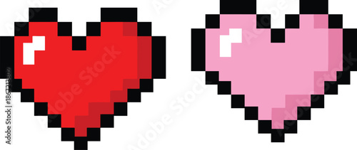 Pixel heart icon set, red and pink love symbols, retro game style rom