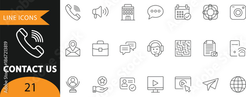 A clean vector set of 21 contact us line icons featuring phone, chat, email, calendar, support agents, and communication tools. Ideal for customer support pages, help center infographics, service dash