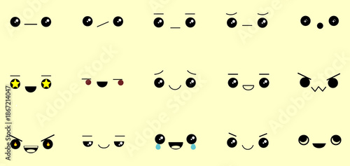 Vector  Facial Cute Kawaii Face Expressions Set. Simple Cartoon Eyes and Mouth Emotions Vector Collection