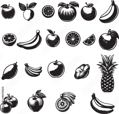 Black and white illustrations of various fruits clip art vector.
