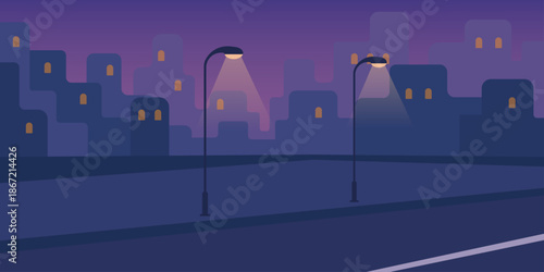 Urban dusk street illustration. Streetlights and building silhouettes stretching wide. Warm moody sky at twilight. Horizontal city layout. Calm evening atmosphere.
