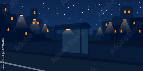 Night bus stop illustration. Wide shelter glowing under single overhead light. Long empty sidewalk extending outward. City building silhouettes behind. Quiet waiting atmosphere.