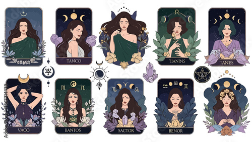 Beautiful collection of mystical women illustrations, embracing celestial beauty, spiritual power, and bohemian aesthetics with esoteric symbolism for magical themed projects