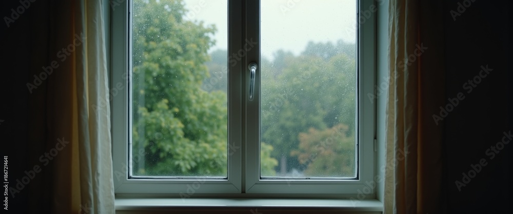 Fototapeta premium Open window with falling rain visible outside, fresh cool air and natural soundscape for better sleep