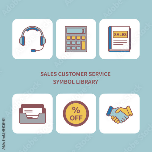Sales customer service symbol library with headset calculator sales book document folder discount tag and handshake icons for business and marketing web design