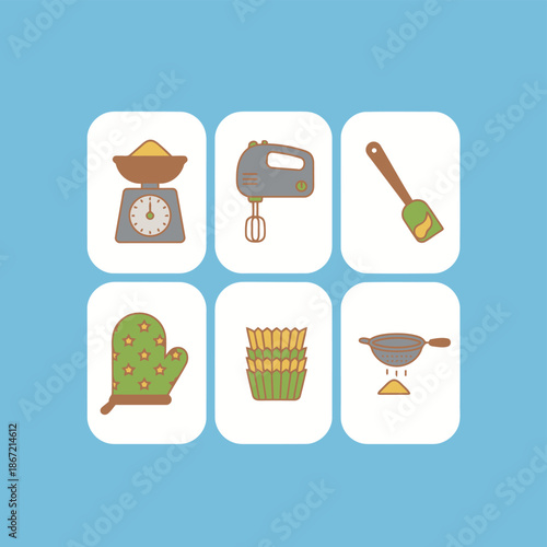 Professional baking and kitchen utensils collection featuring kitchen scale electric hand mixer spatula oven mitt cupcake liners and flour sifter icons for cooking