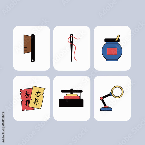 Traditional bookbinding and paper restoration tools collection including brush needle ink pot ancient scroll book press and magnifying glass icons for archive work