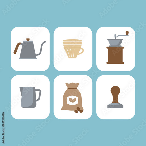 Barista coffee brewing equipment icons featuring kettle paper filters hand grinder milk pitcher coffee beans bag and espresso tamper for cafe design and shop