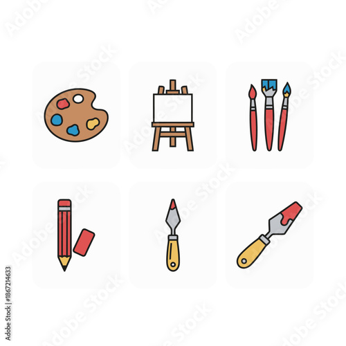 Fine art painting equipment set with palette easel paint brushes pencil palette knives and eraser for artistic creation studio and creative education concepts