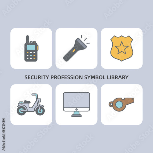 Security profession symbol library featuring walkie talkie flashlight police badge security scooter computer monitor and whistle icons for safety and protection