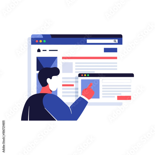 Modern flat design illustration of a person interacting with a website and user interface.
