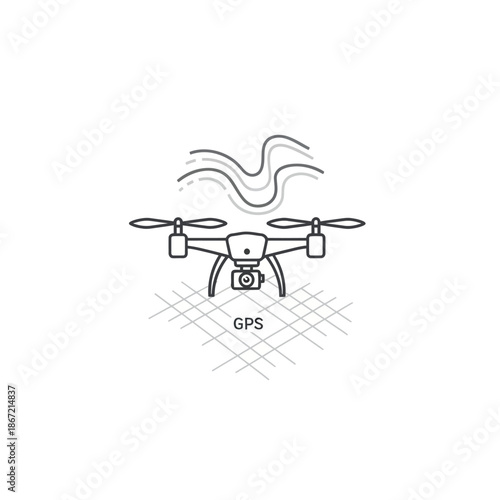 Modern quadcopter drone with camera and GPS mapping technology, a minimalist line art icon.