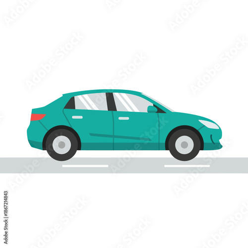 Modern teal sedan car illustration in a flat style, side profile view on a road.