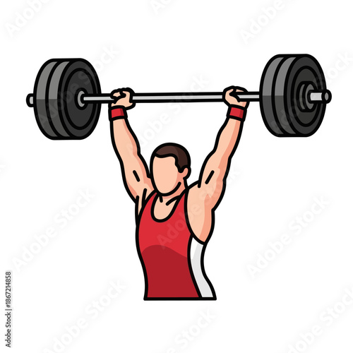 Muscular cartoon weightlifter in a red singlet lifting a heavy barbell overhead.