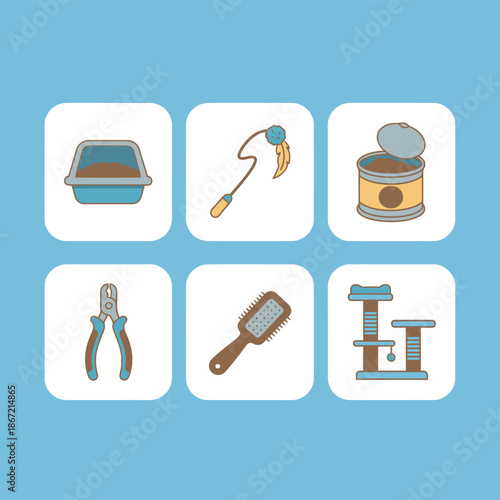 Pet care and cat supplies icons set featuring litter box feather toy canned food nail clippers grooming brush and cat tree for domestic animal wellness