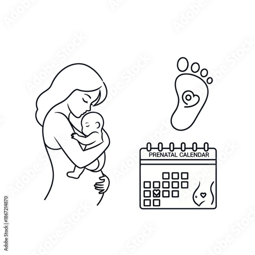 Pregnancy and motherhood linear icon set with mother, baby, footprint, and prenatal calendar.