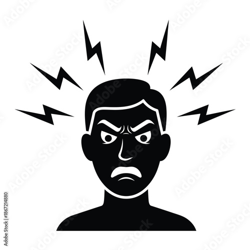 Vector illustration icon a black and white illustration of a man with a frustrated expression and lightning bolts around his head isolated on