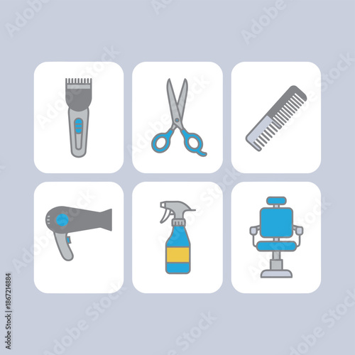 Barber shop and hair salon professional tools set featuring hair clipper scissors comb hair dryer spray bottle and barber chair icons for styling