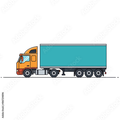 Orange semi-truck with a long teal cargo trailer, side profile view illustration.