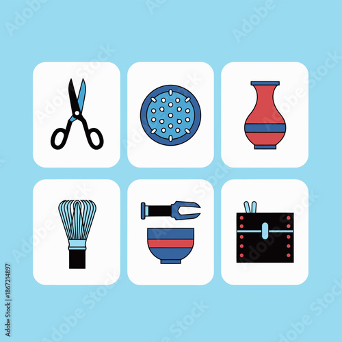 Traditional tea ceremony and pottery craft icons set featuring scissors ceramic vase bamboo whisk bowl and wooden tool for zen lifestyle and arts