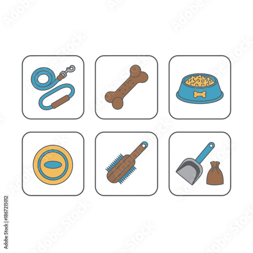 Domestic dog care and pet supplies set featuring a blue leash, chew bone, dry food bowl, frisbee toy, grooming hair brush and a waste cleaning scoop with bag