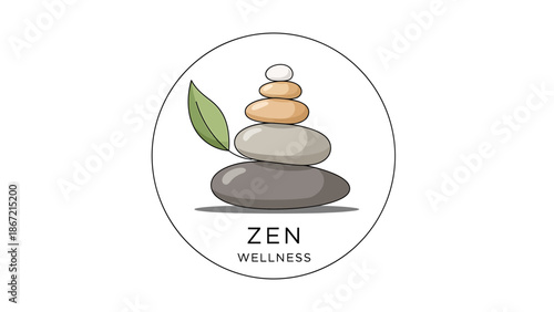 Zen Wellness Stacked Stones Meditation Balance Concept with Leaf and Yin Yang Symbol