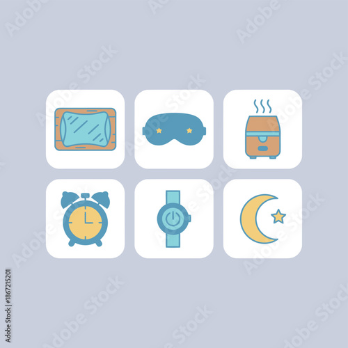 Healthy sleep and relaxation lifestyle set featuring a comfortable pillow, silk eye mask, essential oil diffuser, classic alarm clock, smart fitness watch and a crescent moon with star