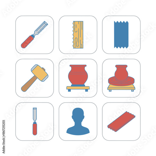 Woodworking and pottery workshop tools set with wood chisels, timber material, blue sandpaper, rubber mallet, clay ceramic pot on stand and a potter wheel machine