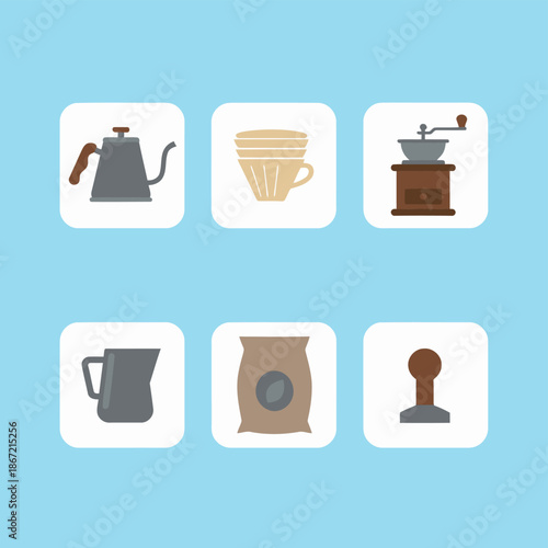 Professional coffee brewing equipment set featuring a gooseneck kettle, ceramic dripper filters, manual coffee grinder, milk pitcher, roasted coffee bean bag and a metal espresso tamper