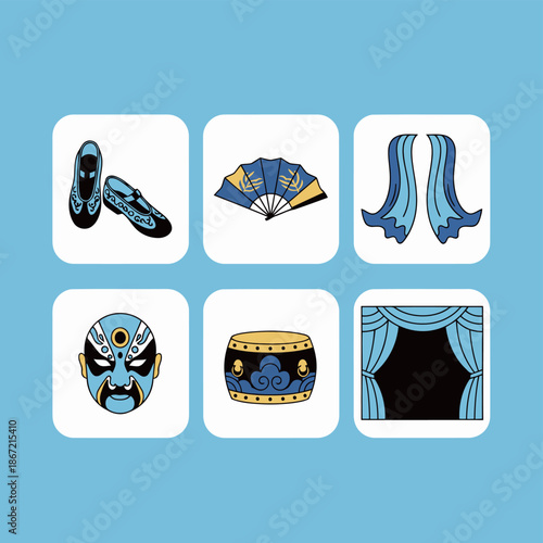 Chinese opera performance elements set featuring blue theater mask folding fan stage curtain drum and traditional shoes for cultural heritage