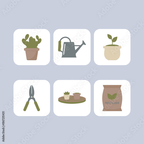 Gardening and plant care tools set with potted cactus watering can pruning shears and fertilizer bag for home hobby and botanical maintenance