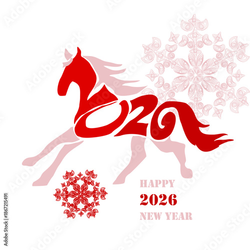 Holiday card Happy New Year 2026. Stylized image of a fire horse according to the Eastern Chinese calendar. Astrological New Year.	
