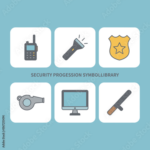 Security and protection equipment set with walkie talkie flashlight police badge whistle computer monitor and baton for professional safety service