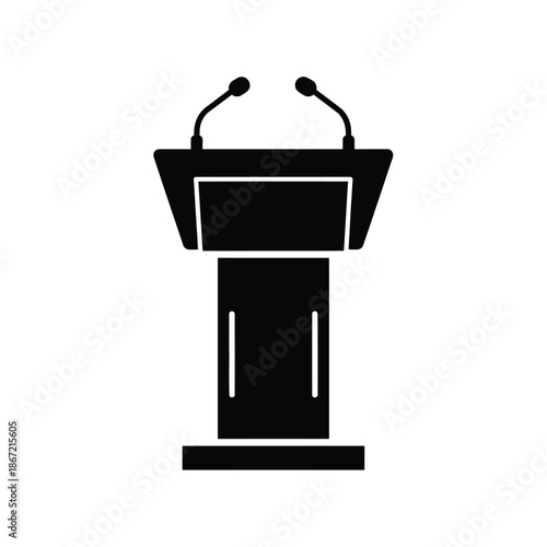Vector illustration icon a black silhouette of a lectern with two microphones on top, commonly used for public speaking events and conferences
