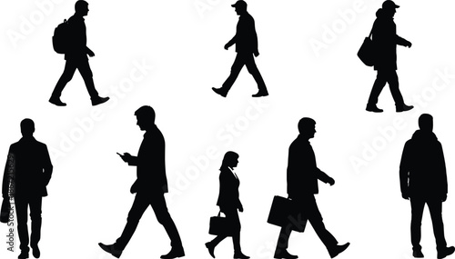 Silhouettes of diverse people walking in different directions with accessories in urban everyday lifestyle scene