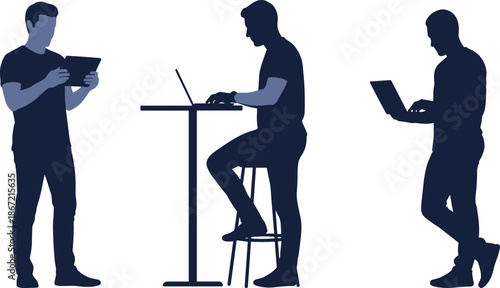 Silhouettes of people using digital devices in various working postures for modern tech lifestyle concepts