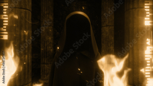 An Old Film Style Cloaked Figure and Stone Pillars