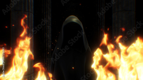 Dark Cloaked Figure and Stone Pillars