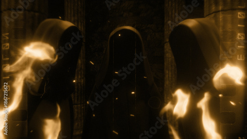 Hooded Figures and Stone Pillars Surrounded By Flames