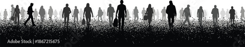 Silhouettes of walking crowd in urban setting with textured ground representing movement, depth, and social dynamics