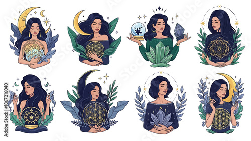 Mystical women adorned with celestial elements and magical crystals, radiating enchantment and cosmic energy