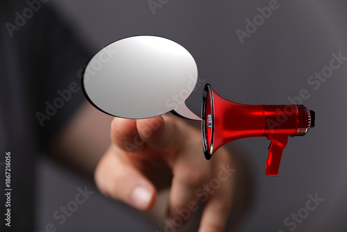 Concept of communication, announcement, marketing, and the power of speech or voice using a megaphone with a blank speech bubble ready for conte