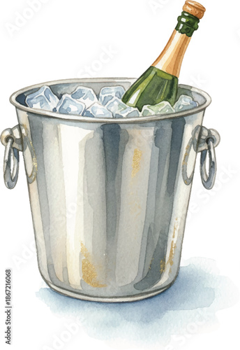 Watercolor Painting of Champagne Bottle in an Ice Bucket Illustration