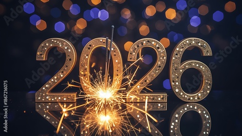 Celebrating a festive new year with sparkler-lit 2026 greeting card design against a dark background with bokeh lights