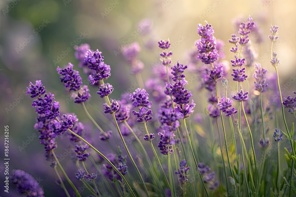 Obraz premium Close-up of vibrant purple blooms in a sunlit garden setting with soft bokeh