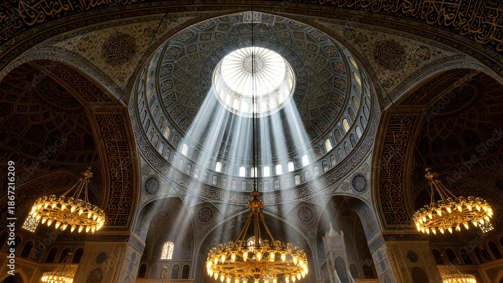 Obraz premium Interior Mosque Ceiling Detail with Upward Light Rays