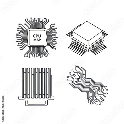Set of computer hardware line art icons: CPU, microprocessor, heatsink, and circuit traces.