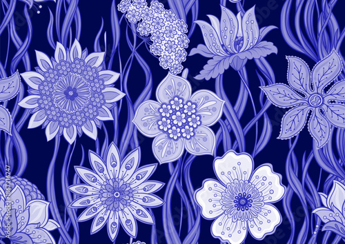 Ornate floral seamless pattern. Elegant hand-drawn botanical motif with intricate repeating layout for textile and wallpaper. Classic flowers and foliage create a refined vintage background.