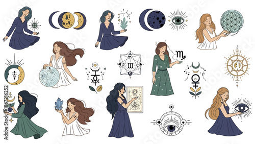 Astrology and celestial-themed illustrations featuring women, crystals, moon phases, and zodiac symbols