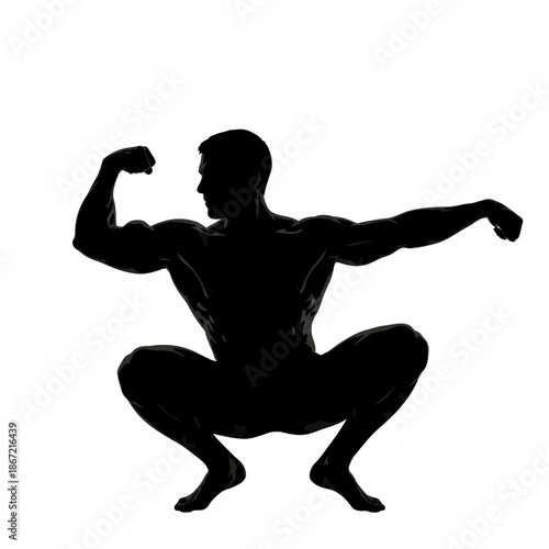 Silhouette of a muscular man squatting and flexing his biceps.